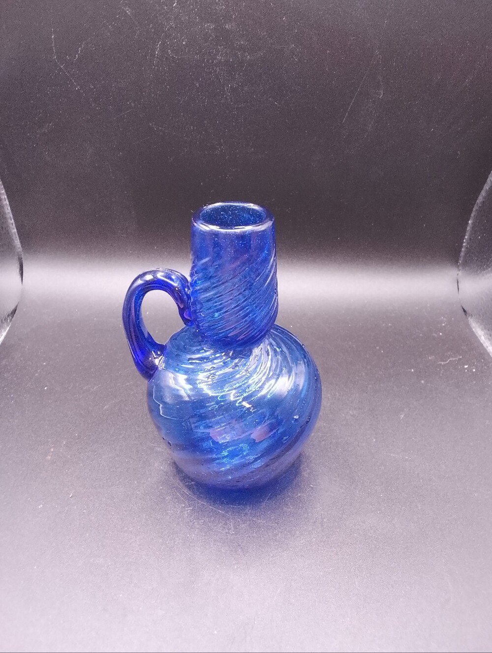 Cobalt Blue Swirl Handblown Pitcher Ewer W Applied Handle